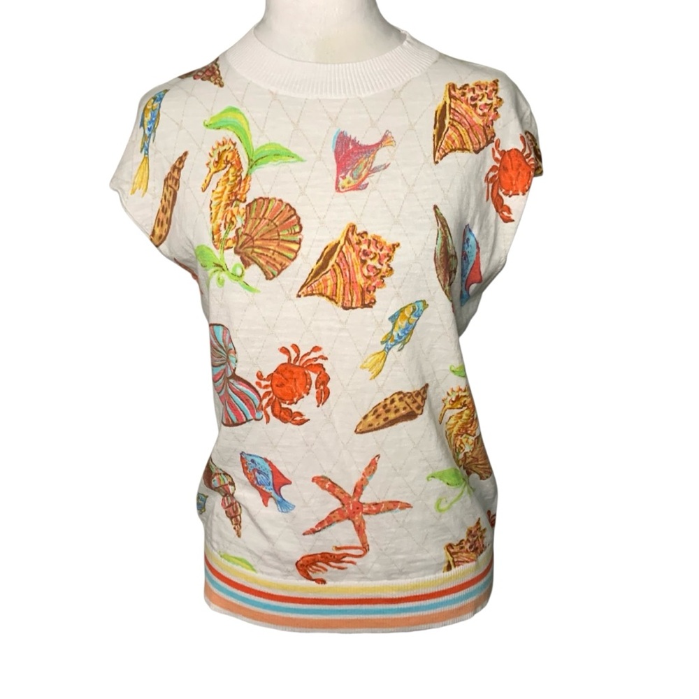 Talbots White Nautical Shell-Print Short-Sleeve Sweater Top